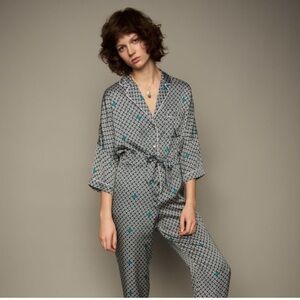 Maje Silk Pajama Jumpsuit - Gray and Blue